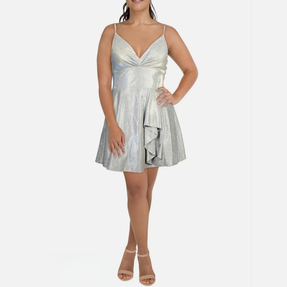 Silver/Blue Metallic Ruffled Fit & Flare Dress Juniors 14 *NWT $169 - Picture 1 of 9